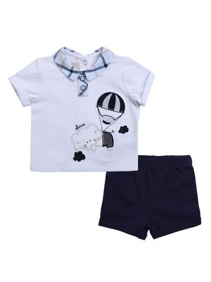 Boys White & Blue Printed Polo with Short Pants